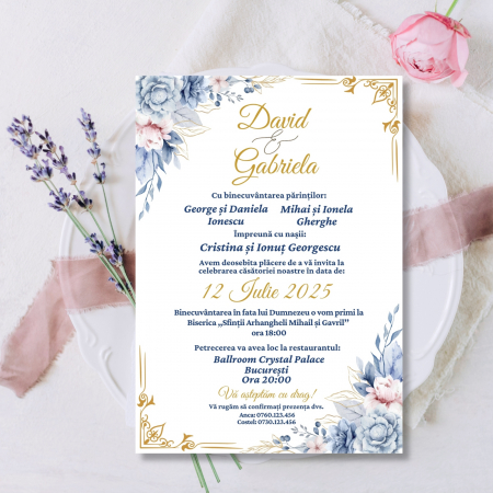 Invitatii Digitale Nunta - Invitatie digitala pentru nunta, Invitatie electronica, cu flori albastre auriu