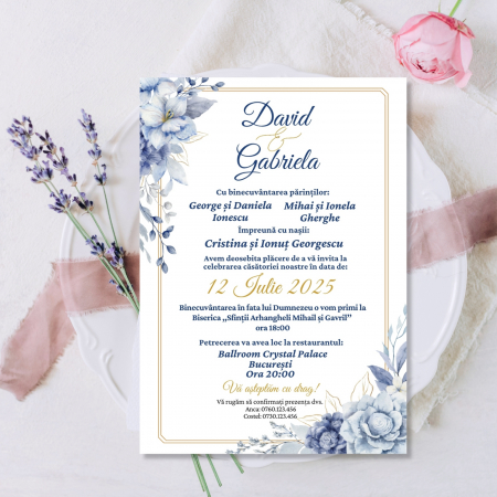 Invitatii Digitale Nunta - Invitatie digitala pentru nunta, Invitatie electronica, cu flori albastre si chenar auriu