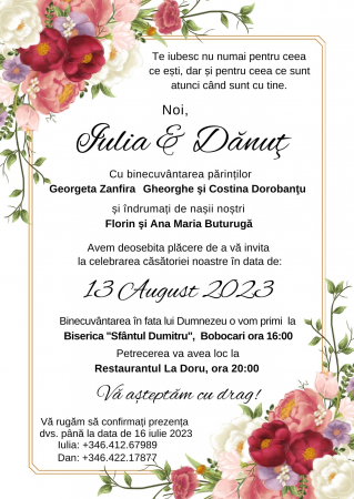 Invitatie pentru nunta, cu flori rosii si folio auriu, cu invelitoare velum si sigiliu de ceara personalizat [4]