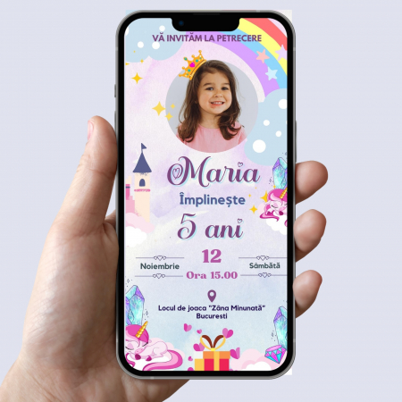 Invitatii Digitale - Invitatie digitala pentru zi de nastere fetita, in nuante de mov, cu tematica unicorn
