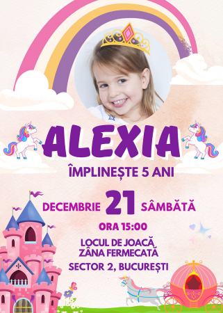 Invitatii Digitale - Invitatie digitala pentru zi de nastere fetita, cu unicorn
