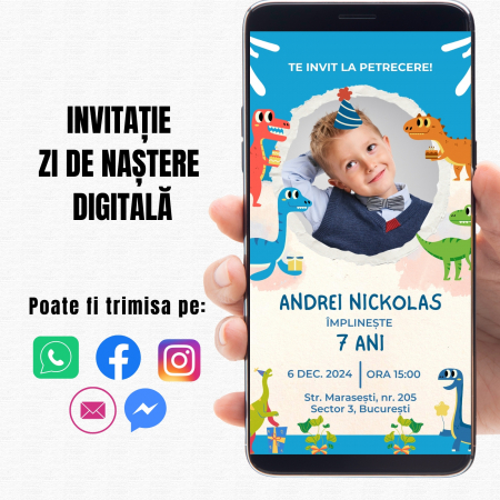 Invitatii Digitale - Invitație digitală pentru ziua de naștere a băiețelului tău – tematică dinozauri