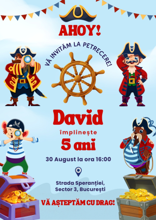 Invitatii Digitale - Invitație Digitală Petrecere Pirați Personalizată, Invitație Aniversare Băieți, Invitație Electronică Pirate Party