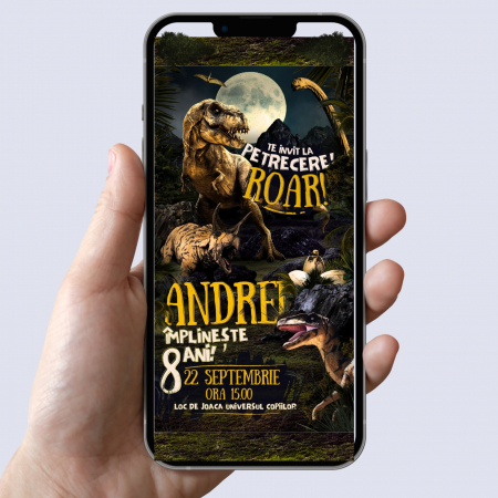 Invitatii Digitale - Invitatie digitala pentru zi de nastere, pentru copii, cu design dinozaur, Jurassic