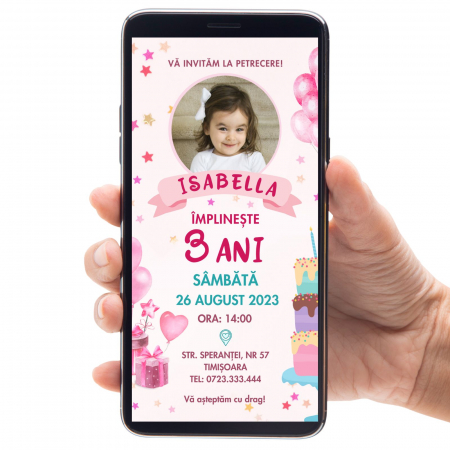 Invitatii Digitale - Invitatie digitala pentru zi de nastere fetita, in nuante de roz