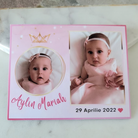 Magnet personalizat, marturie pentru botez fetita, cu 2 fotografii, tematica roz printesa, cu coronita [0]