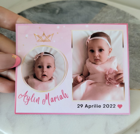 Magnet personalizat, marturie pentru botez fetita, cu 2 fotografii, tematica roz printesa, cu coronita [1]