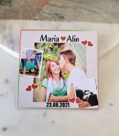 Magnet personalizat cu 3 fotografii, numele cuplului, data relatiei si multe inimioare [3]