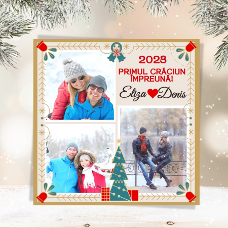 Magneti - Magnet personalizat cu nume, Primul nostru Craciun, cu 3 fotografii