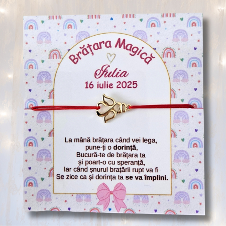 Mărturii Botez Fetiță – Brățară Magică cu Șnur Ajustabil & Charmuri Placate | Cartonaș Personalizat Roz-Roșu cu Curcubee și Auriu [5]
