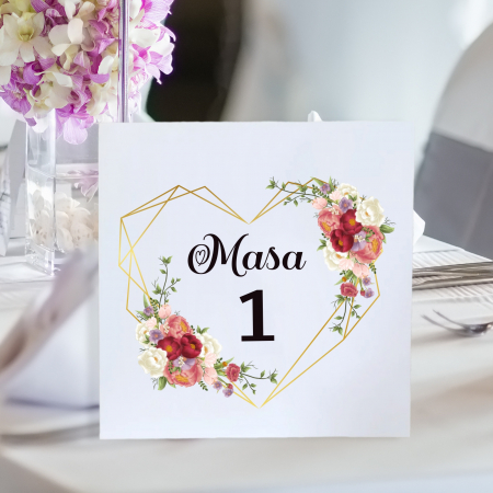 Nunta - Numere pentru masa pentru nunta, cu flori rosii si auriu