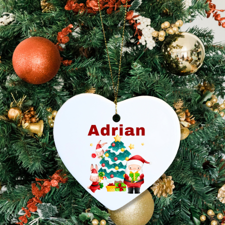 Cadouri pentru Craciun - Ornament inima pentru pomul de Craciun, personalizat cu nume si Mos Craciun