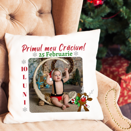Cadouri pentru Craciun - Perna alba personalizata pentru baietel, Primul meu Craciun, cu nume, varsta si fotografie