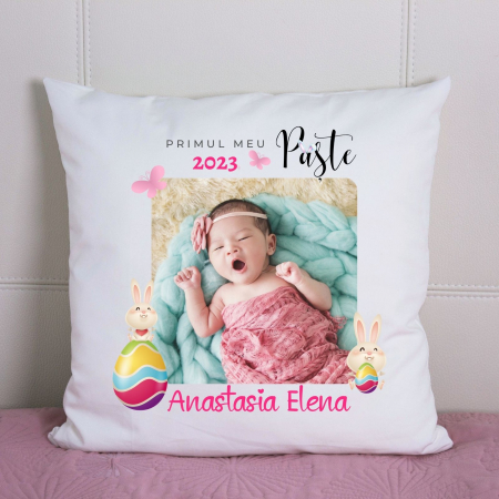 Cadouri pentru Paste - Perna alba personalizata pentru fetita Primul meu Paste, cu nume si fotografie