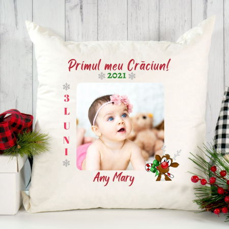 Cadouri pentru Craciun - Perna alba personalizata pentru copii Primul meu Craciun