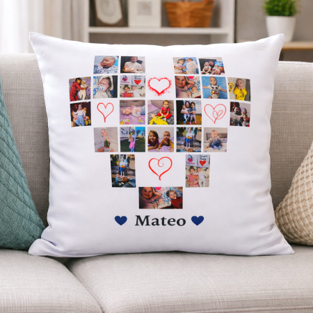Cadouri pentru Craciun - Perna personalizata cu colaj de fotografii in forma de inimiora si text