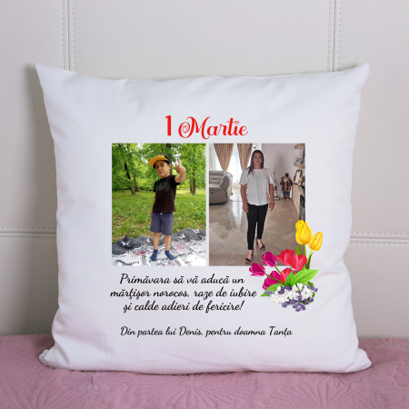 Perna Personalizata - Perna personalizata cu 2 fotografii, mesaj si lalele, cadou pentru 1 martie
