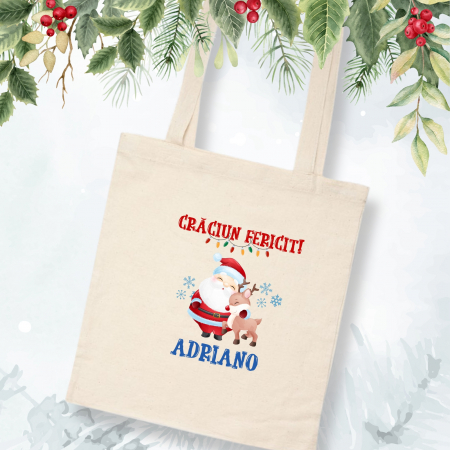 Sacose - Sacosa Craciun cu Mos si ren, personalizata cu nume, din bumbac