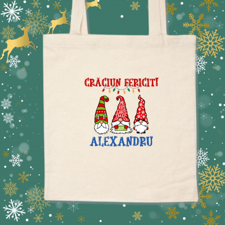Sacose - Sacosa Craciun cu gnomi, personalizata cu nume, din bumbac