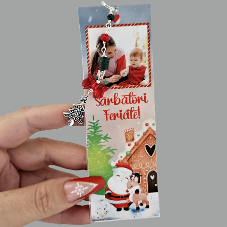 Semn de Carte - Semn de carte Craciun cu charm, personalizat cu fotografie si mesaj de sarbatori