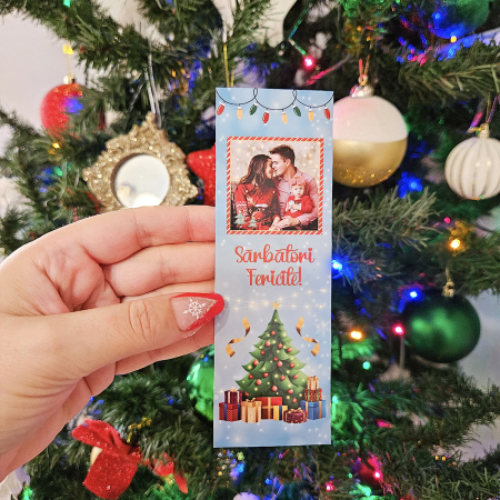 Semn de Carte - Semn de carte Craciun, personalizat cu fotografie, mesaj Sarbatori Fericite si pom