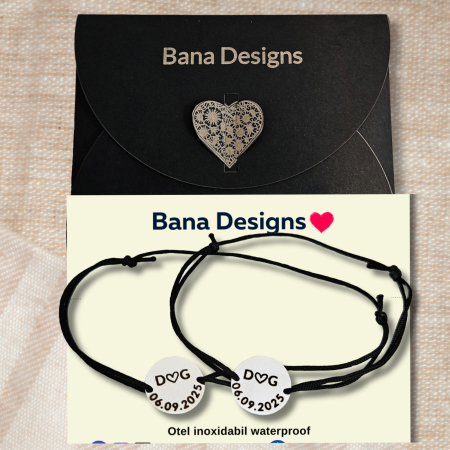 Bratari Cuplu Personalizate cu Initiale si Data, Set 2 Bratari cu Banut Inox Waterproof 12 mm, Cadou Romantic pentru El si Ea [3]