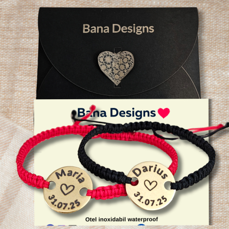 Set de 2 brățări pentru cuplu, gravate pe bănuț din inox auriu cu nume și dată. Șnur macrame ajustabil, culori și mărimi la alegere, ambalaj elegant. [2]