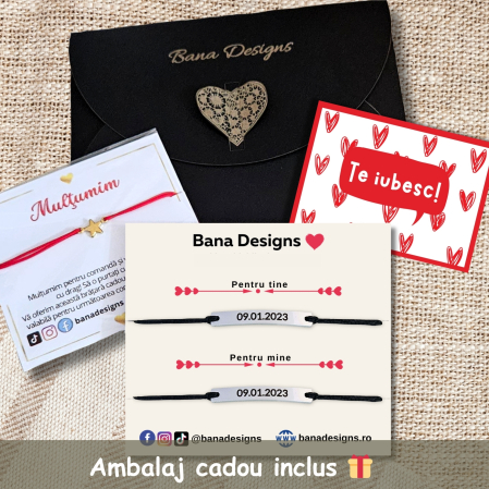 Set de 2 brățări pentru cuplu, din inox 304 waterproof, gravate cu nume și dată. Șnur mătăsos ajustabil, ambalaj elegant, felicitare cadou. [2]