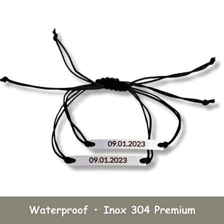 Set de 2 brățări pentru cuplu, din inox 304 waterproof, gravate cu nume și dată. Șnur mătăsos ajustabil, ambalaj elegant, felicitare cadou. [1]