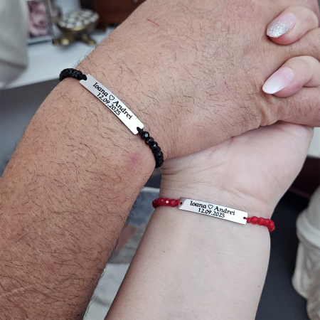 Set de 2 brățări pentru cuplu, din inox 304 waterproof, gravate cu nume și dată. Șnur mătăsos ajustabil, ambalaj elegant, felicitare cadou. [5]