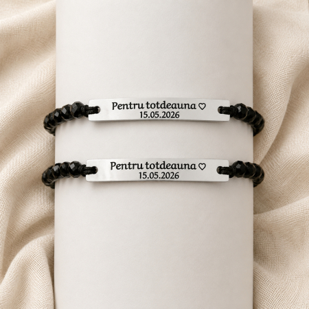 Set de 2 brățări pentru cuplu, din inox 304 waterproof, gravate cu nume și dată. Șnur mătăsos ajustabil, ambalaj elegant, felicitare cadou. [1]