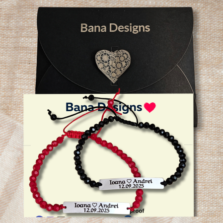 Set de 2 brățări pentru cuplu, din inox 304 waterproof, gravate cu nume și dată. Șnur mătăsos ajustabil, ambalaj elegant, felicitare cadou. [4]