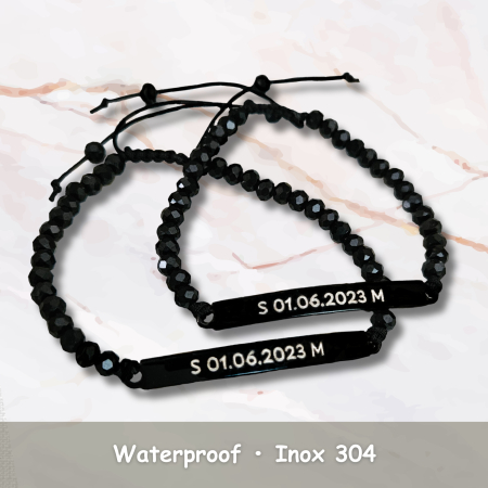 Set 2 Bratari Cuplu Personalizate Negre, Gravura Nume sau Data, Bratari Matchy Matchy din Inox 304 cu Cristale, Cadou pentru Ea si El [3]