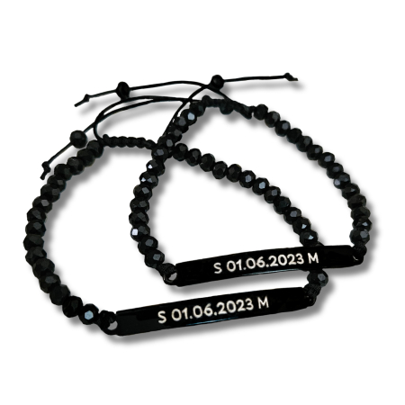 Set 2 Bratari Cuplu Personalizate Negre, Gravura Nume sau Data, Bratari Matchy Matchy din Inox 304 cu Cristale, Cadou pentru Ea si El [1]