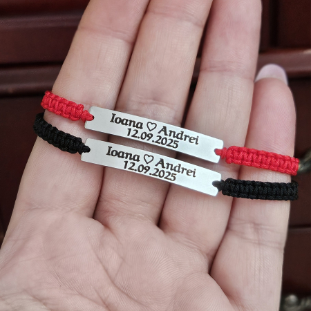 Set de 2 brățări pentru cuplu, din inox 304 waterproof, gravate cu nume și dată. Șnur mătăsos ajustabil, ambalaj elegant, felicitare cadou. [3]