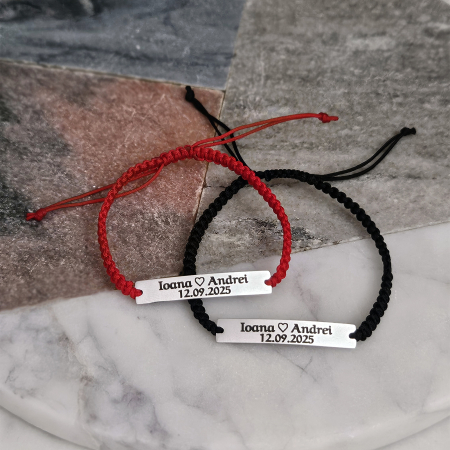 Set de 2 brățări pentru cuplu, din inox 304 waterproof, gravate cu nume și dată. Șnur mătăsos ajustabil, ambalaj elegant, felicitare cadou. [2]