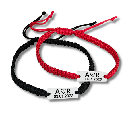 Set de 2 brățări pentru cuplu, din inox 304 waterproof, gravate cu nume și dată. Șnur mătăsos ajustabil, ambalaj elegant, felicitare cadou. [1]