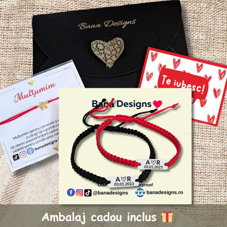 Set de 2 brățări pentru cuplu, din inox 304 waterproof, gravate cu nume și dată. Șnur mătăsos ajustabil, ambalaj elegant, felicitare cadou. [2]