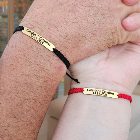 Bratari Cuplu - Set 2 brățări personalizate cu nume gravate pe plăcuțe aurii din inox IP plated