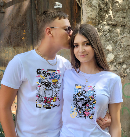 Tricouri pentru cuplu - Set 2 tricouri pentru cuplu cu design funky cartoon, din bumbac