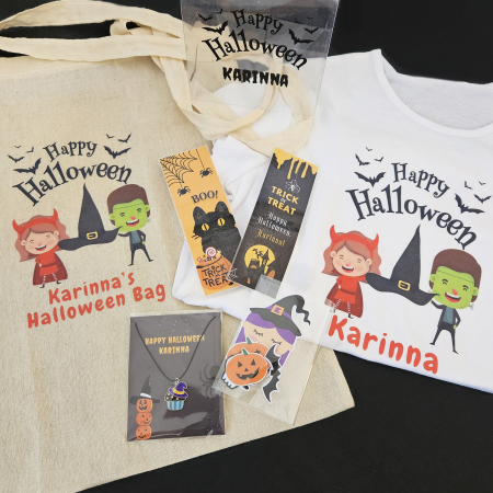 Semn de Carte - Set cadou Halloween personalizat pentru fetite, cu tricou, colier, semne de carte, sacosa si cutie cadou