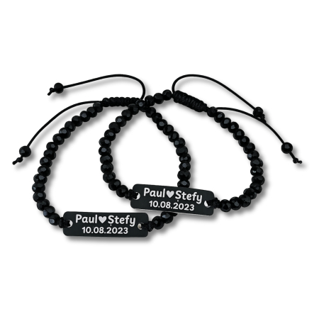 Set de 2 bratari negre personalizate pentru cuplu, cu nume si data, cu cristale negre [2]
