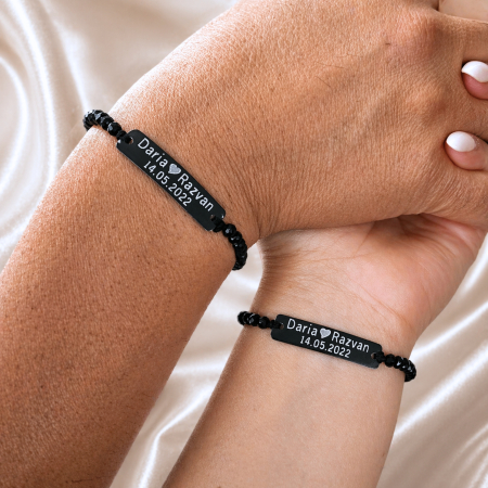 Bratari - Set de 2 bratari negre personalizate pentru cuplu, cu nume si data, cu cristale negre