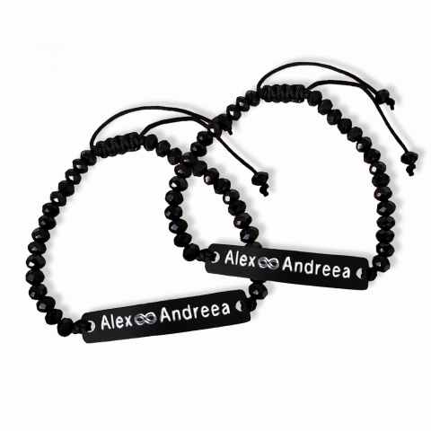 Bratari Cuplu - Set de 2 bratari negre personalizate pentru cuplu, cu nume si data, cu cristale negre