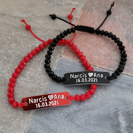 Set de 2 bratari personalizate pentru cuplu, cu nume si data, cu cristale negre si rosii [4]