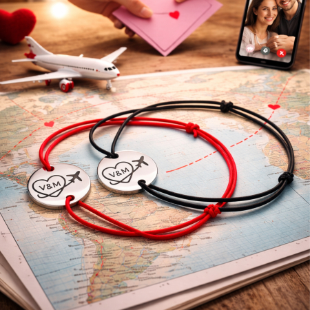 Set de 2 bratari personalizate pentru cuplu, cu banut gravat cu initiale si avion, cadou pentru cuplu [3]