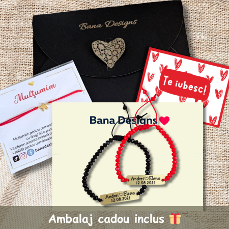 Set de 2 bratari personalizate pentru cuplu, cu nume, inimioara data relatiei si margele din cristal [3]