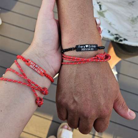Set de 2 bratari personalizate pentru cuplu, cu nume si data, cu cristale negre si rosii [2]