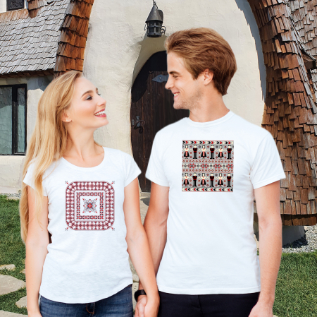 Power Couple - Set de 2 tricouri pentru cuplu, cu motive traditionale Romanesti, design ie, din bumbac
