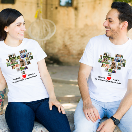 Power Couple - Set de 2 tricouri din bumbac personalizat pentru cuplu cu colaj inima din 18 fotografii si mesaj